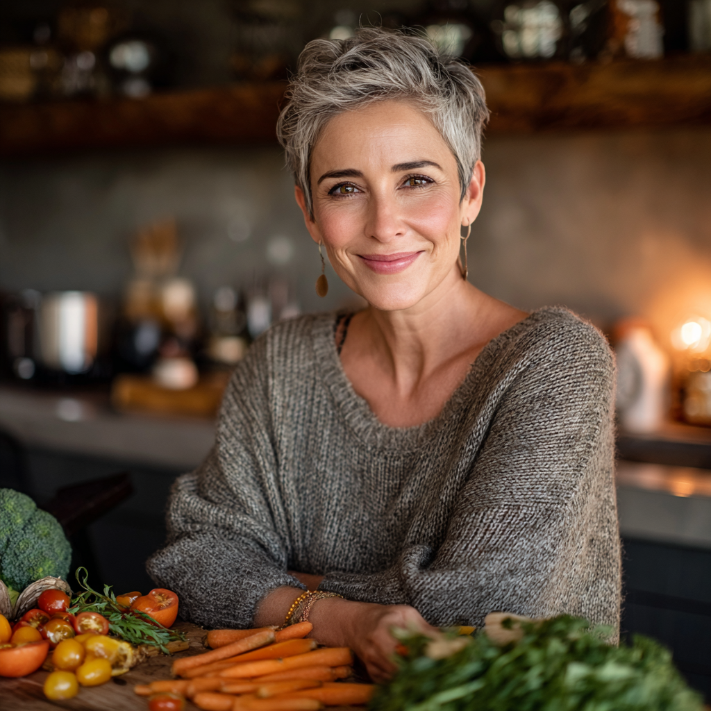 A confident woman in her late 40s with short gray hair wearing a casual sweater, standing in a modern kitchen and smiling while preparing a colorful fresh salad with vegetables on a wooden cutting board