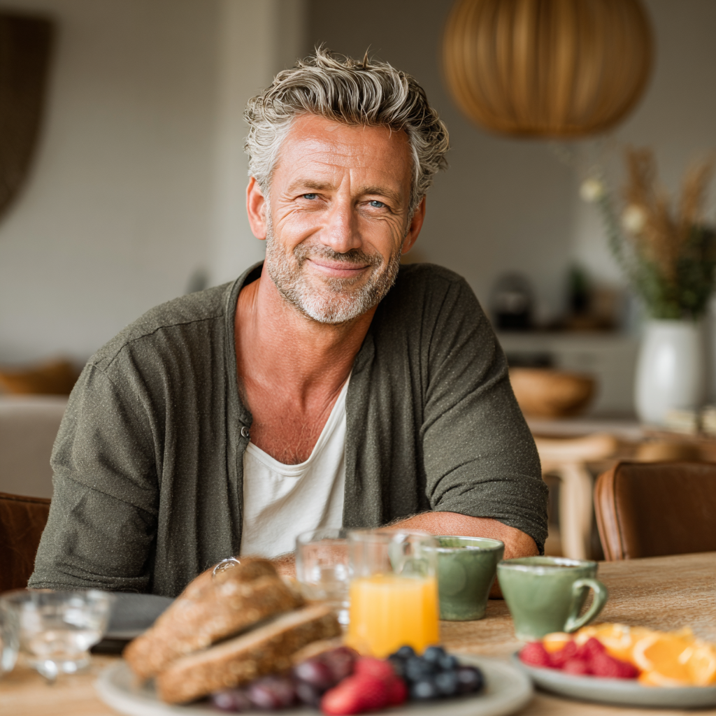 A middle-aged man around 50 years old with salt and pepper hair and a warm smile, sitting at a dining table with a healthy breakfast spread including fresh fruits, whole grain toast, and green tea in a sunlit modern apartment